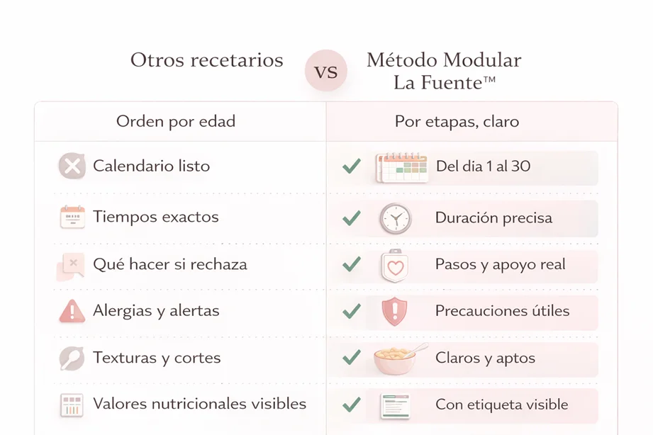 Comparativa entre otros recetarios y el Método Modular La Fuente en versión escritorio