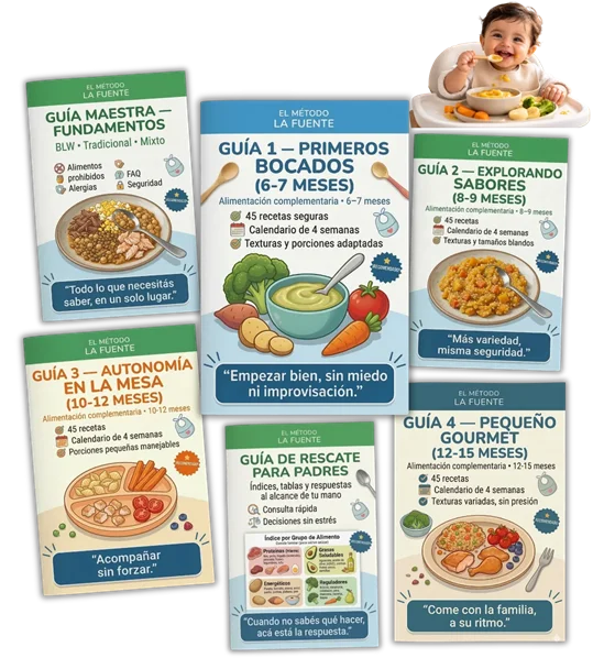 Mockup del Método Modular La Fuente con 6 guías organizadas por etapa y bebé