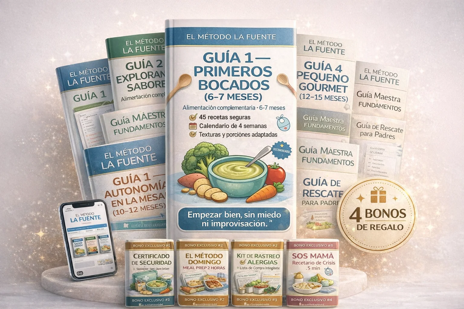 Mockup premium del Método La Fuente con las 6 guías y 4 bonos